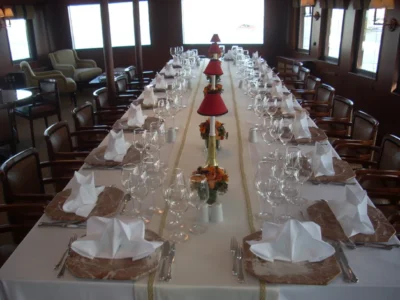 Ekmar Yachting Halas 71 Motor Yacht Restaurant Dining Table Front View 400x300