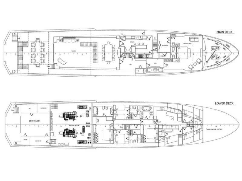Ekmar Yachting Ocean Breeze Motor Yacht Layout Main And Lower Deck View