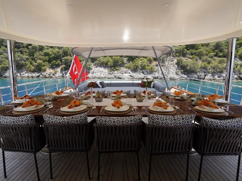 Ekmar Yachting Queen Of Makri Aft Deck Dining Table Front View
