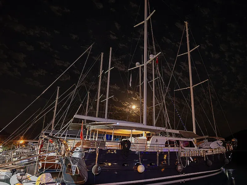 Ekmar Yachting Aqua Bella Gulet Yacht Anchored Harbour Night View