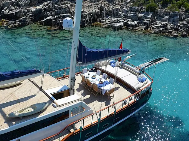 Ekmar Yachting Blue Heaven Gulet Yacht Anchored In Bay Al Fresco Dining Area View