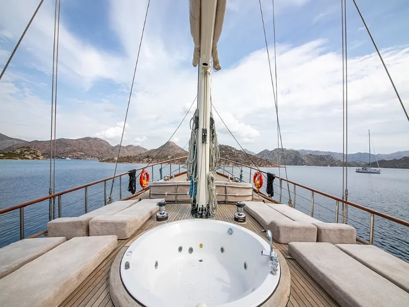 Ekmar Yachting Blue Heaven Gulet Yacht Anchored In Bay Bow Sun Deck Jacuzzi Bow View