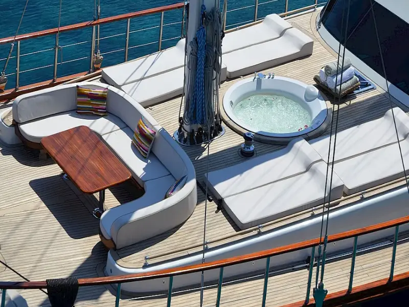 Ekmar Yachting Blue Heaven Gulet Yacht Anchored In Bay Bow Sun Deck Jacuzzi Sofa Bow View