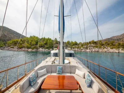 Ekmar Yachting Blue Heaven Gulet Yacht Anchored In Bay Bow Sun Deck Sofa View 400x300