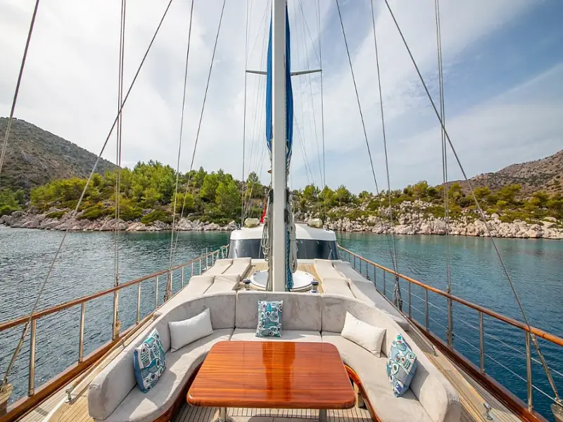 Ekmar Yachting Blue Heaven Gulet Yacht Anchored In Bay Bow Sun Deck Sofa View