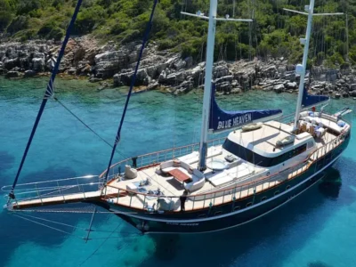 Ekmar Yachting Blue Heaven Gulet Yacht Anchored In Bay Day Time Front Side View 400x300