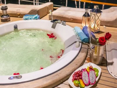 Ekmar Yachting Blue Heaven Gulet Yacht Anchored In Bay Jacuzzi With Exotic Fruits On Dishes View 400x300