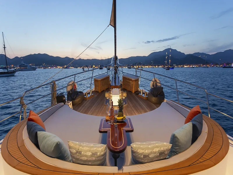 Ekmar Yachting Diva Deniz Gulet Yacht Anchored Bow Evening View