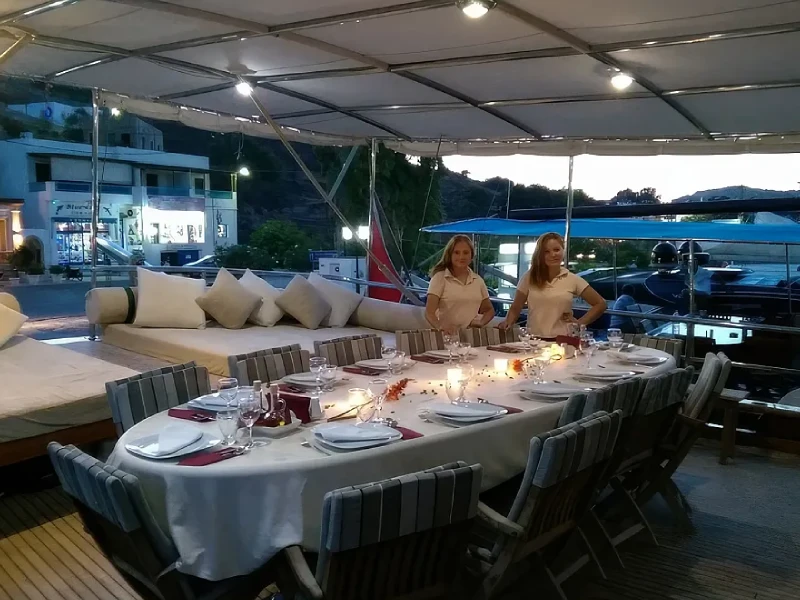 Ekmar Yachting S Dogu Gulet Yacht Al Fresco Dining Area With Crew Members View
